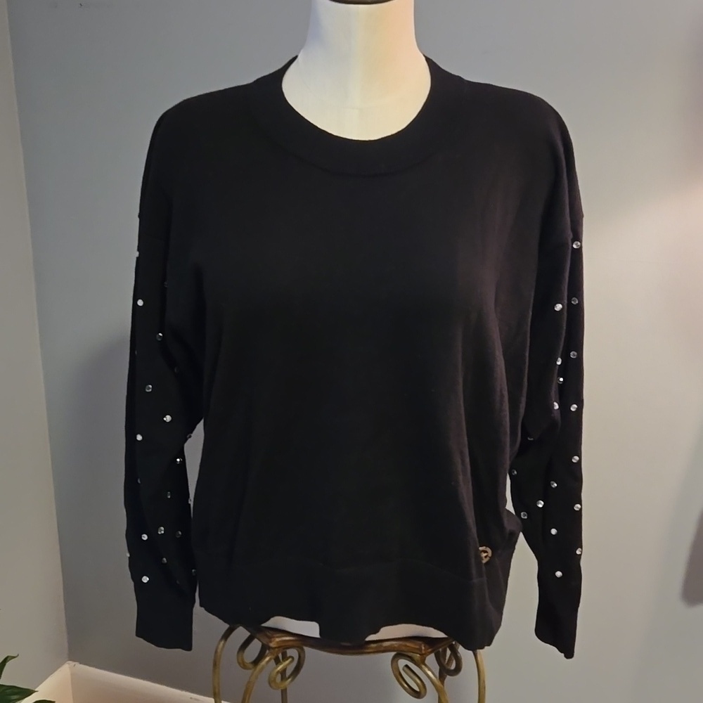 Michael Kors Stretchy Black Rhinestone Long Sleeve Designer Sweater - Size S